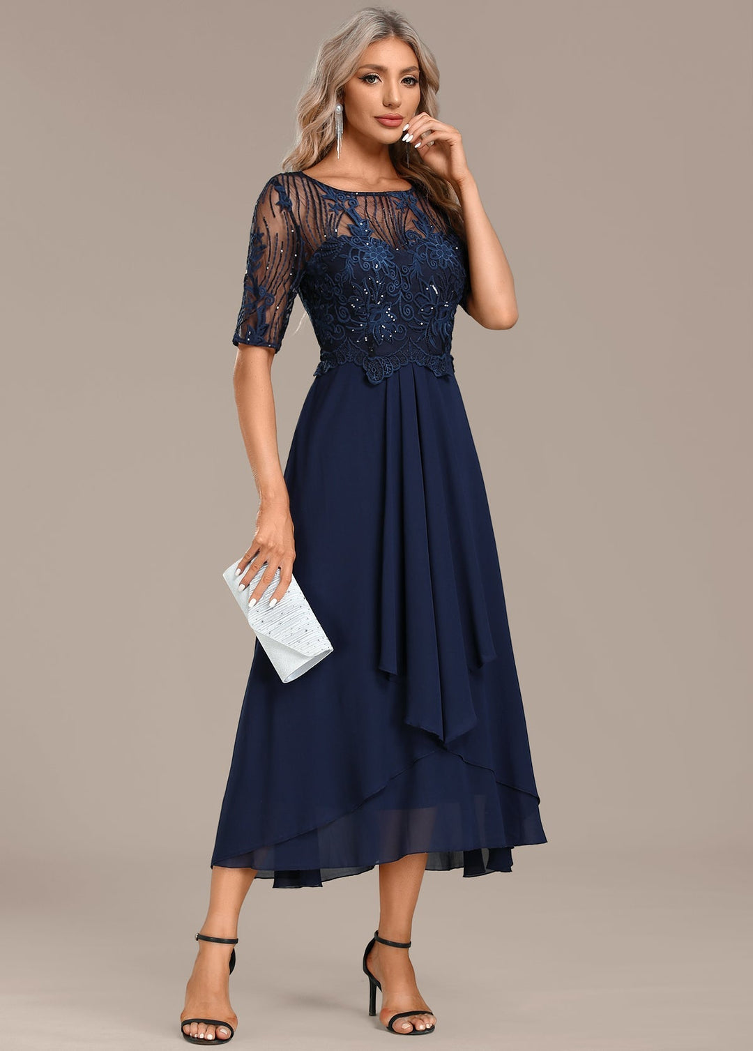 Trending Sophie Navy Lace Short Sleeve Round Neck Dress Style Upgrade