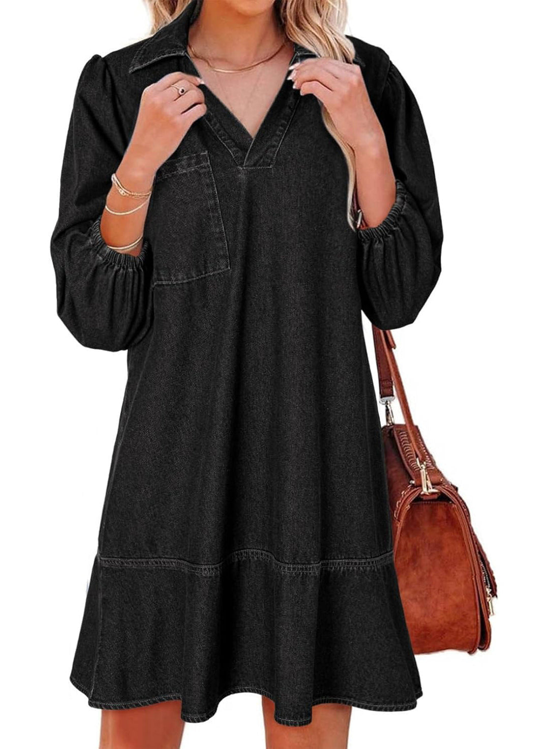 RAICHEL™ –  Relaxed Denim V Neck Babydoll Dress