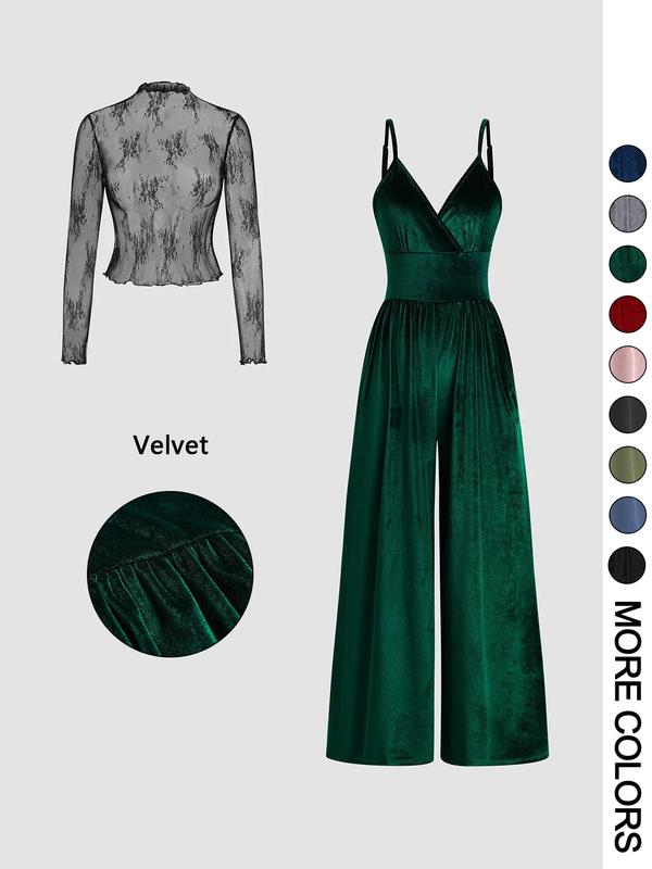 SHAE™ - Women's Solid Color Lace Tee & Pocket Jumpsuit Set
