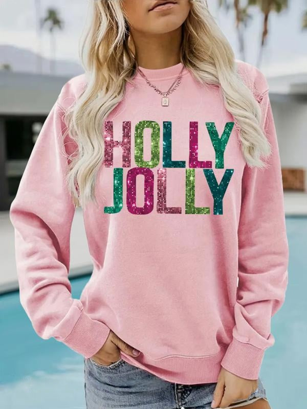 EVA™ - Glitter Letter Print Round Neck Sweatshirt for Fall & Winter