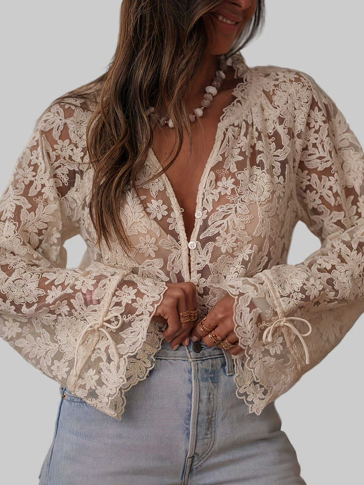 Elegant Floral Embroidered V-Neck Blouse